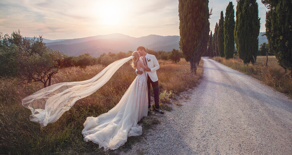 bride and groom on their wedding in Tuscany Italy